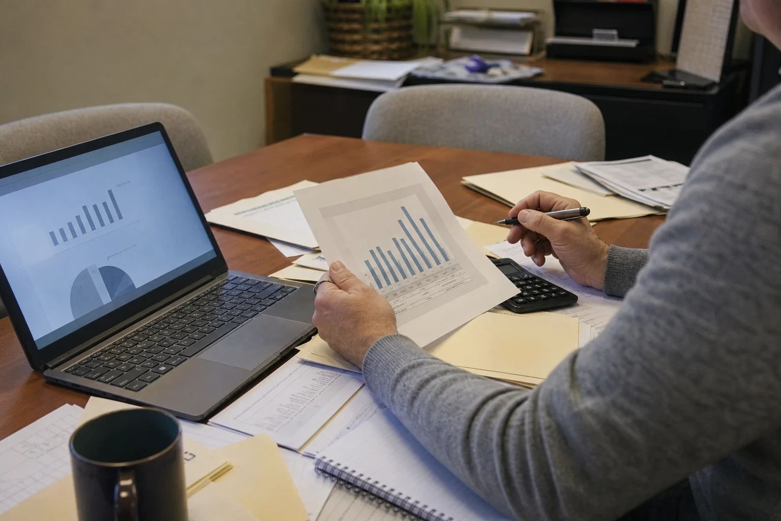 Person in a gray sweater reviews a printed bar chart with pen in hand at an office table with a laptop, calculator, manila folders and a coffee mug.