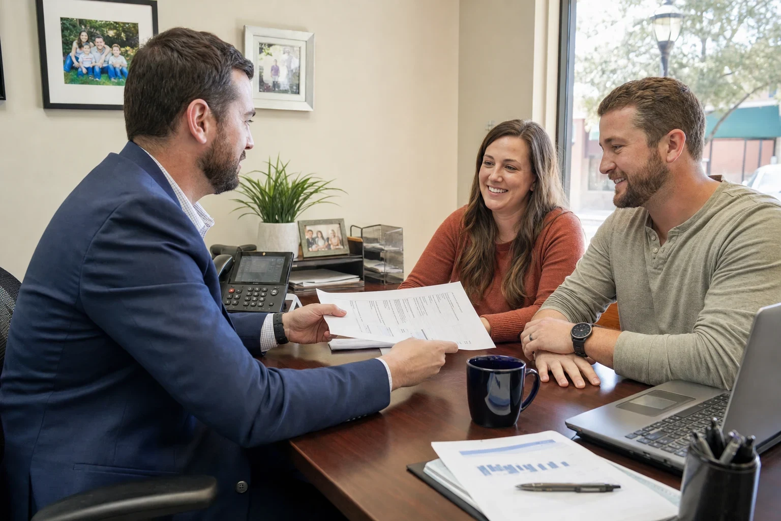 Agent in a navy blazer hands a printed sheet to a smiling couple across a wooden desk in a bright office with framed family photos and a street-view window